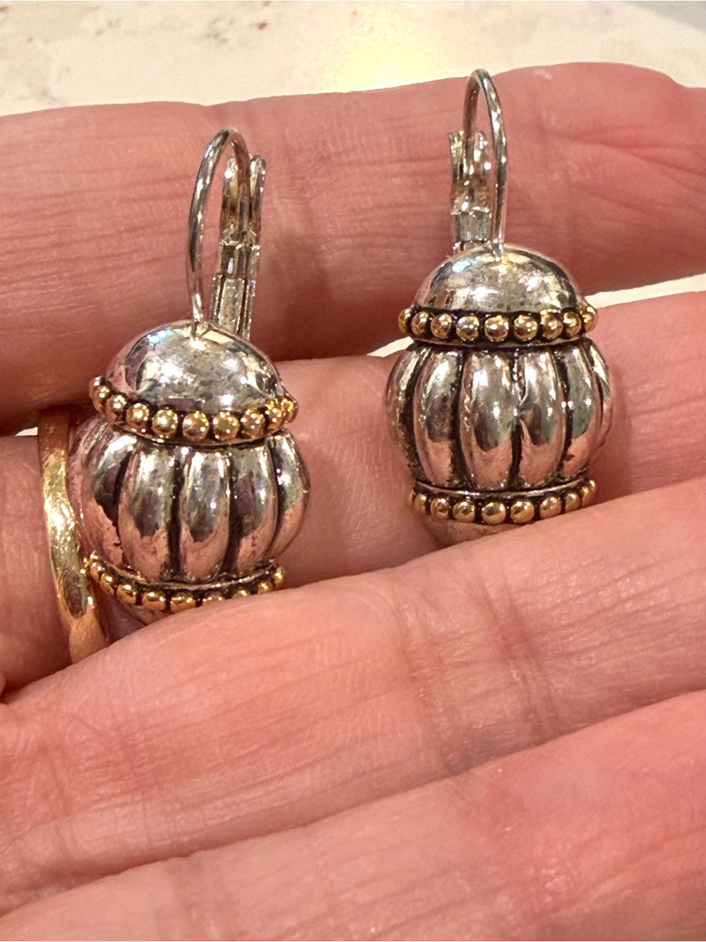 Vintage Two Tone Fluted PierMelon Drop Earrings - Silver & Gold Caviar Bead - Picture 2 of 6